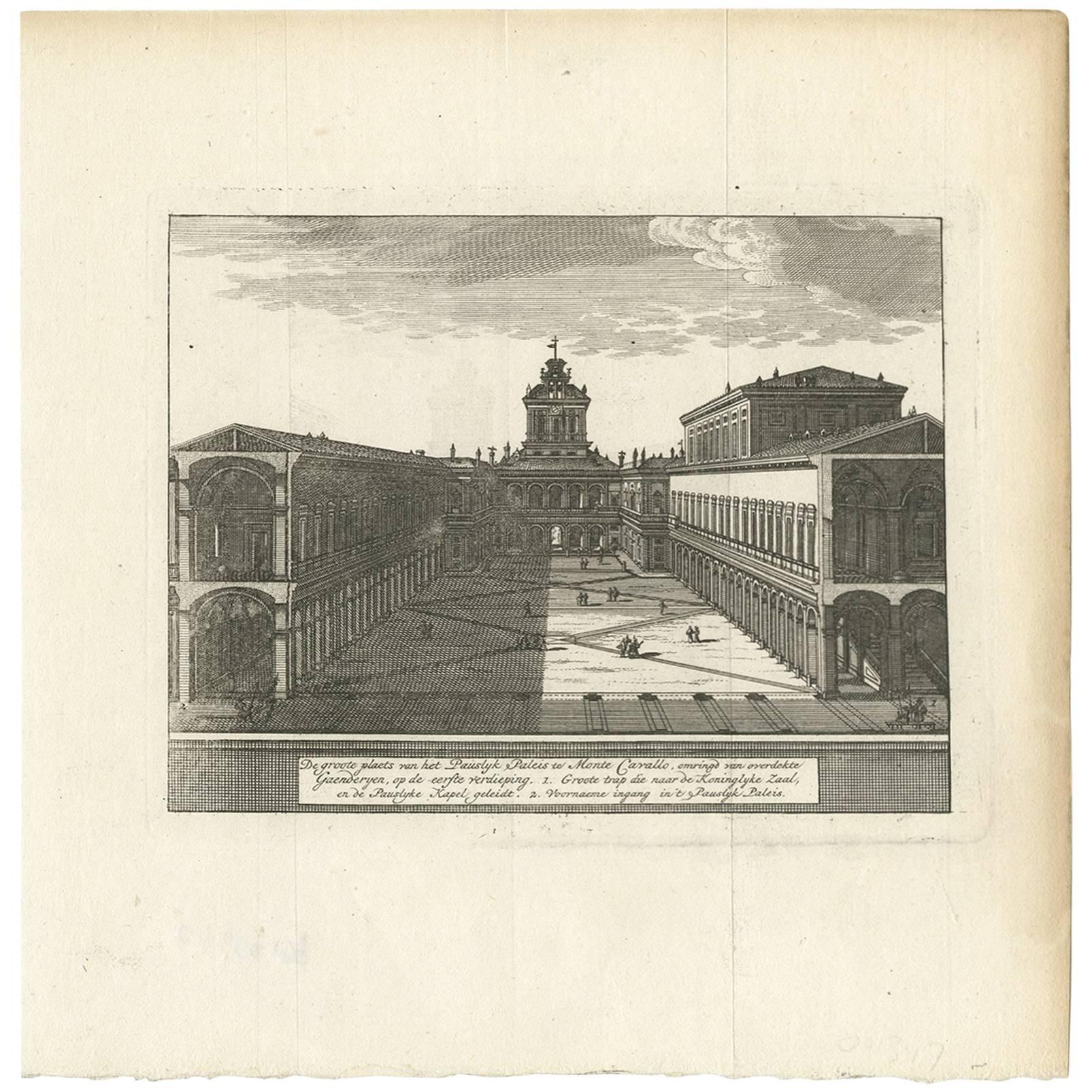 Antique Print of the Court at the Palace of Monte Cavallo, Rome