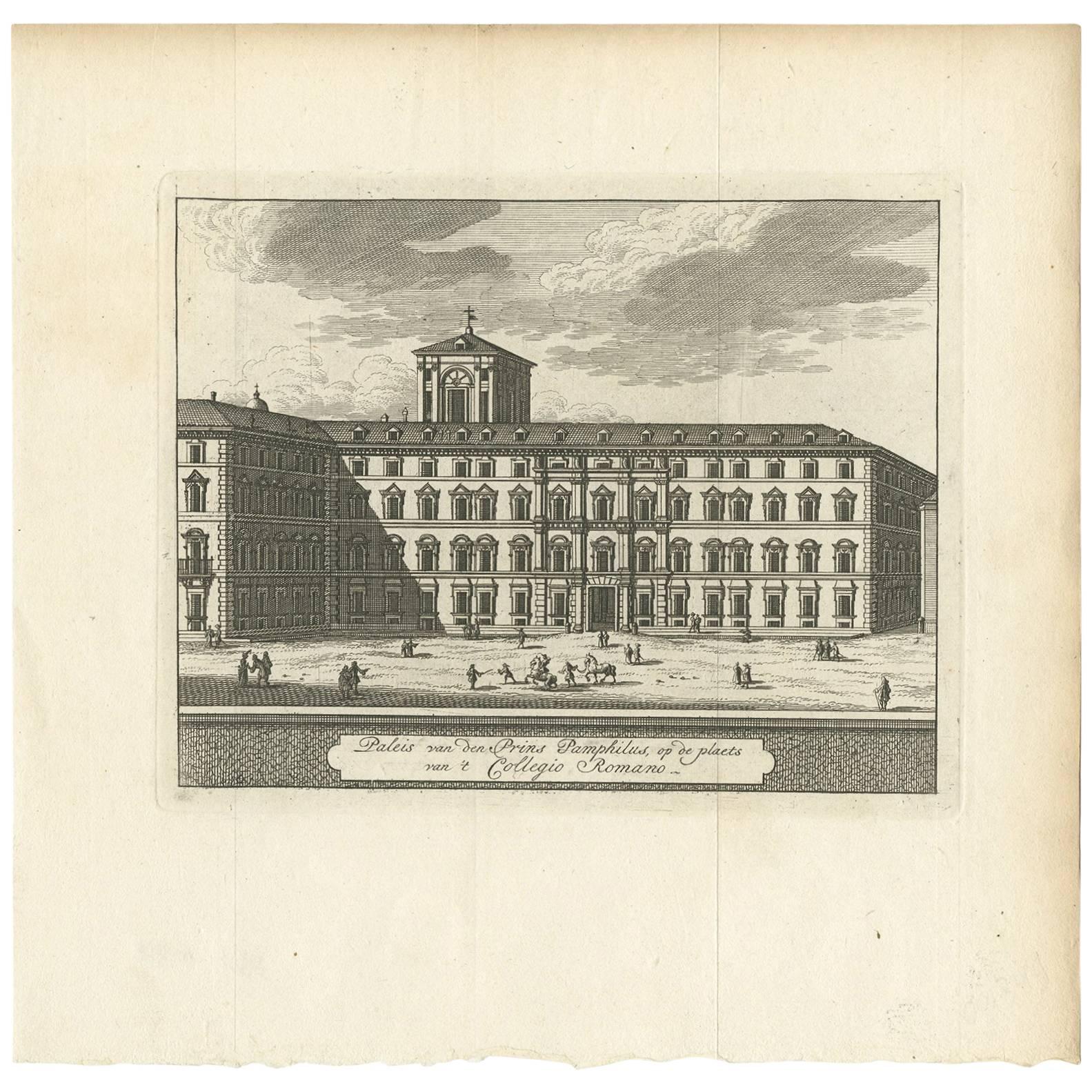 Antique Print of the Palace at Collegio Romano by M. de Bruyn, 1779 For Sale