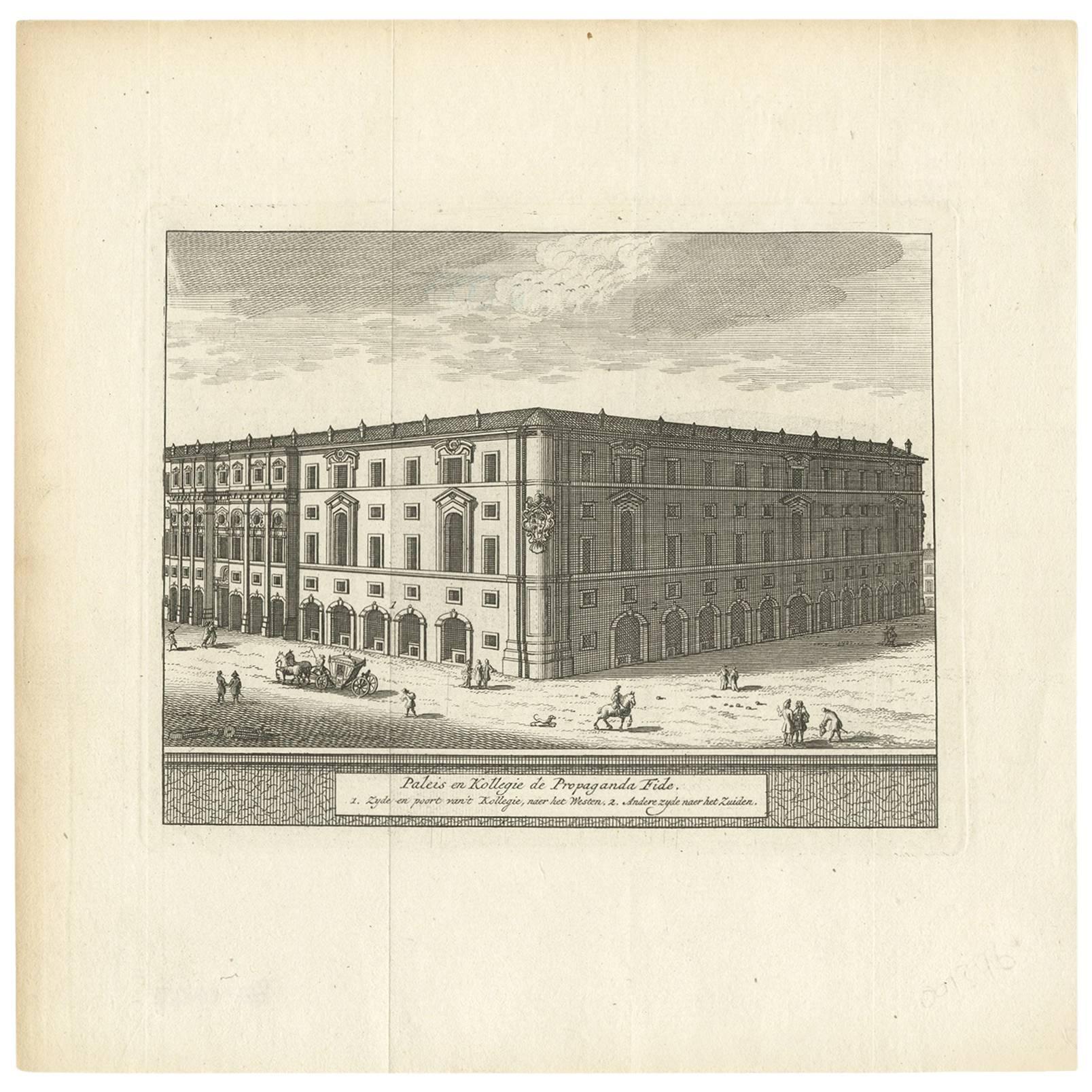 Grabado antiguo del Palacio de Propaganda Fide, Roma, por M. de Bruyn, 1779 en venta