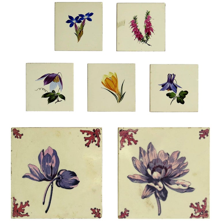 Seven Floral Ceramic Wall Tiles European HandPainted, Early / Mid 20th