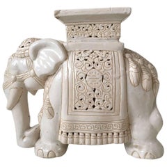 Vintage White Midcentury Ceramic Elephant  Side Table, or Planter