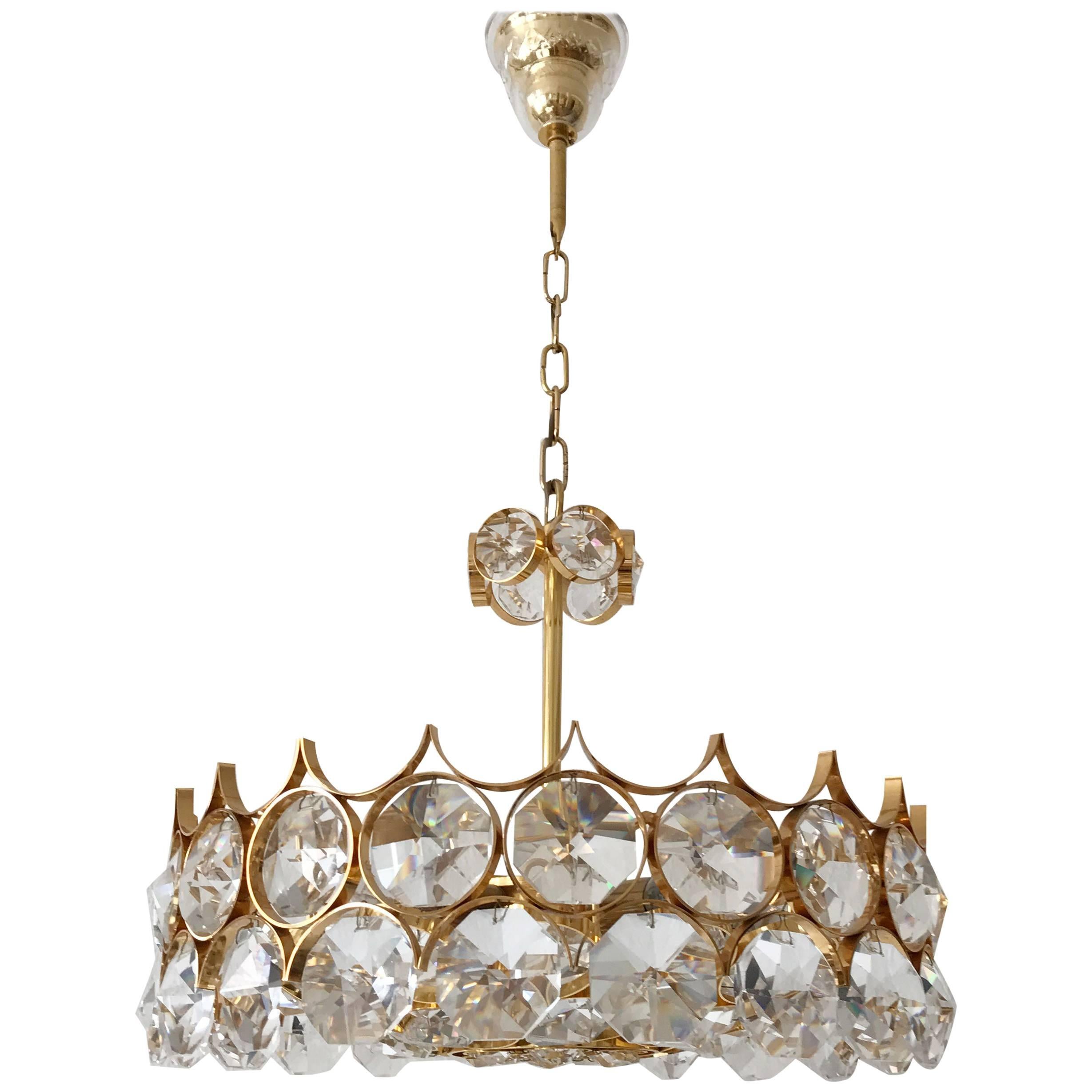 Gorgeous Gilt Brass Facet Cut Crystal Glass Chandelier by Palwa Germany 1960s For Sale