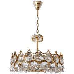 Retro Gorgeous Gilt Brass Facet Cut Crystal Glass Chandelier by Palwa Germany 1960s