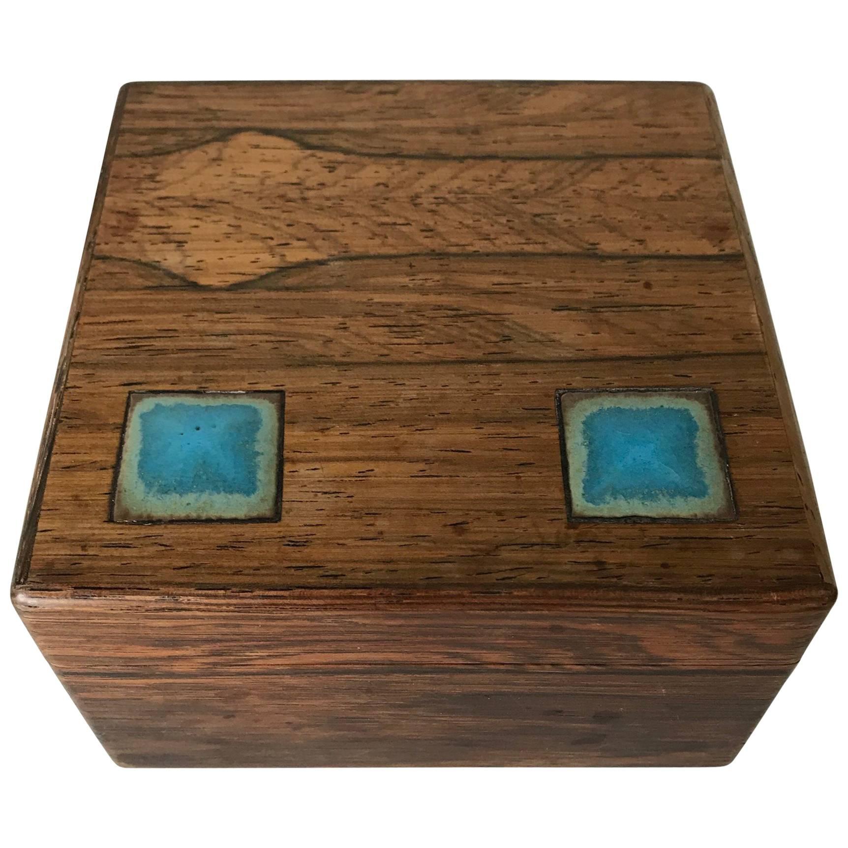 Stunning Midcentury Alfred Klitgaard Wooden Box W. Enamel Inserts by Bodil Eje