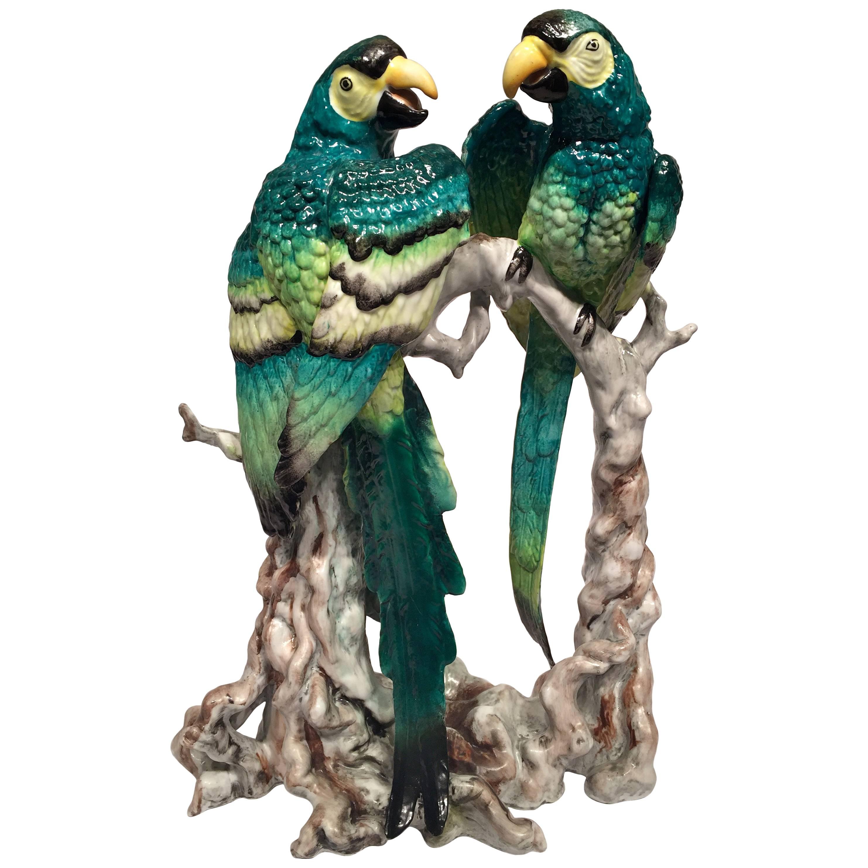 BAVARIA German Art Deco Porcelain Couple of Green and Yellow Macaws, circa 1930 For Sale