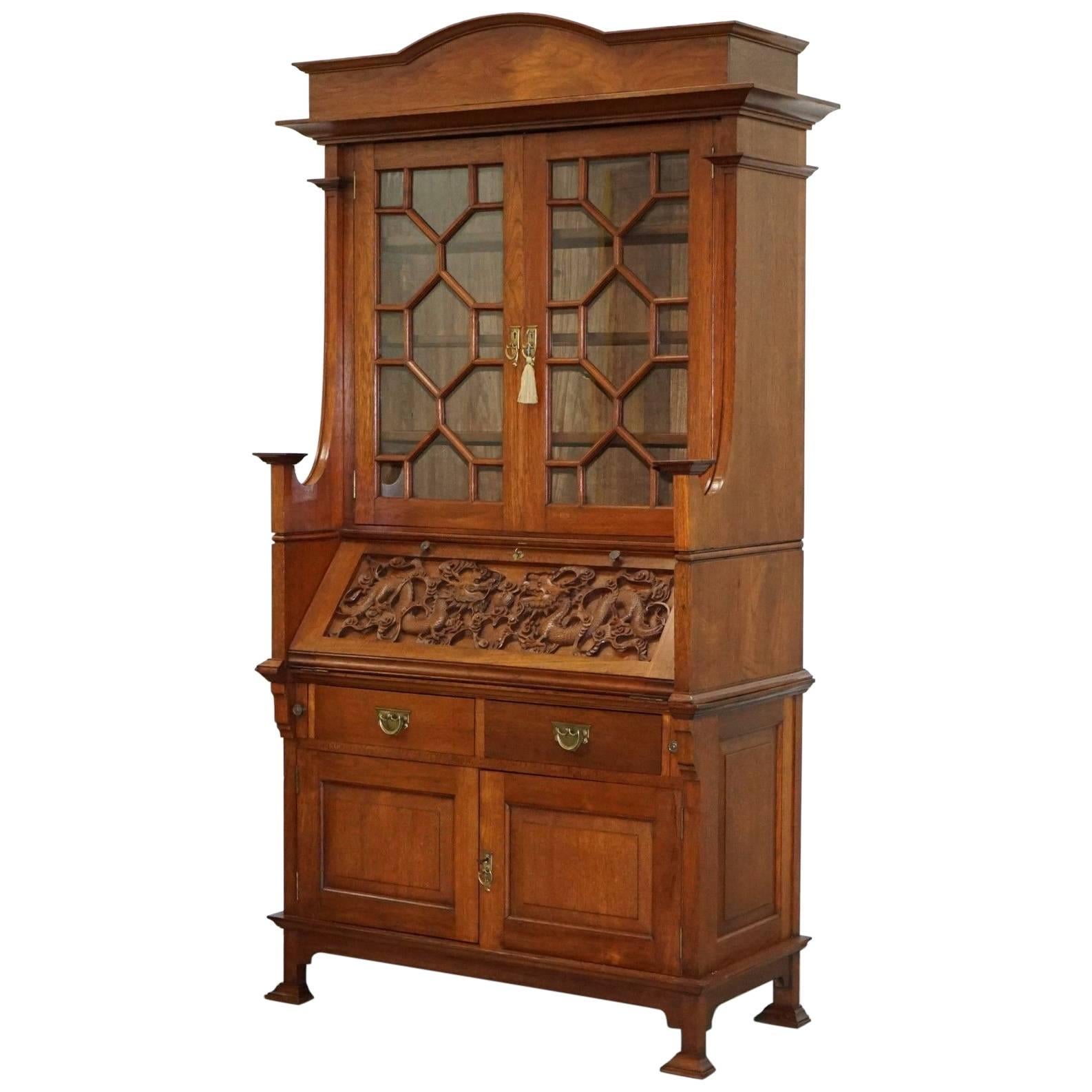 Rare Chinese Export Hand-Carved Dragon Bureau Bookcase Cabinet Solid Oak