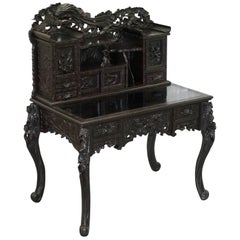 Antique Rare circa 1900 Chinese Export Hand-Carved Writing Desk Ebonized Black Lacquer