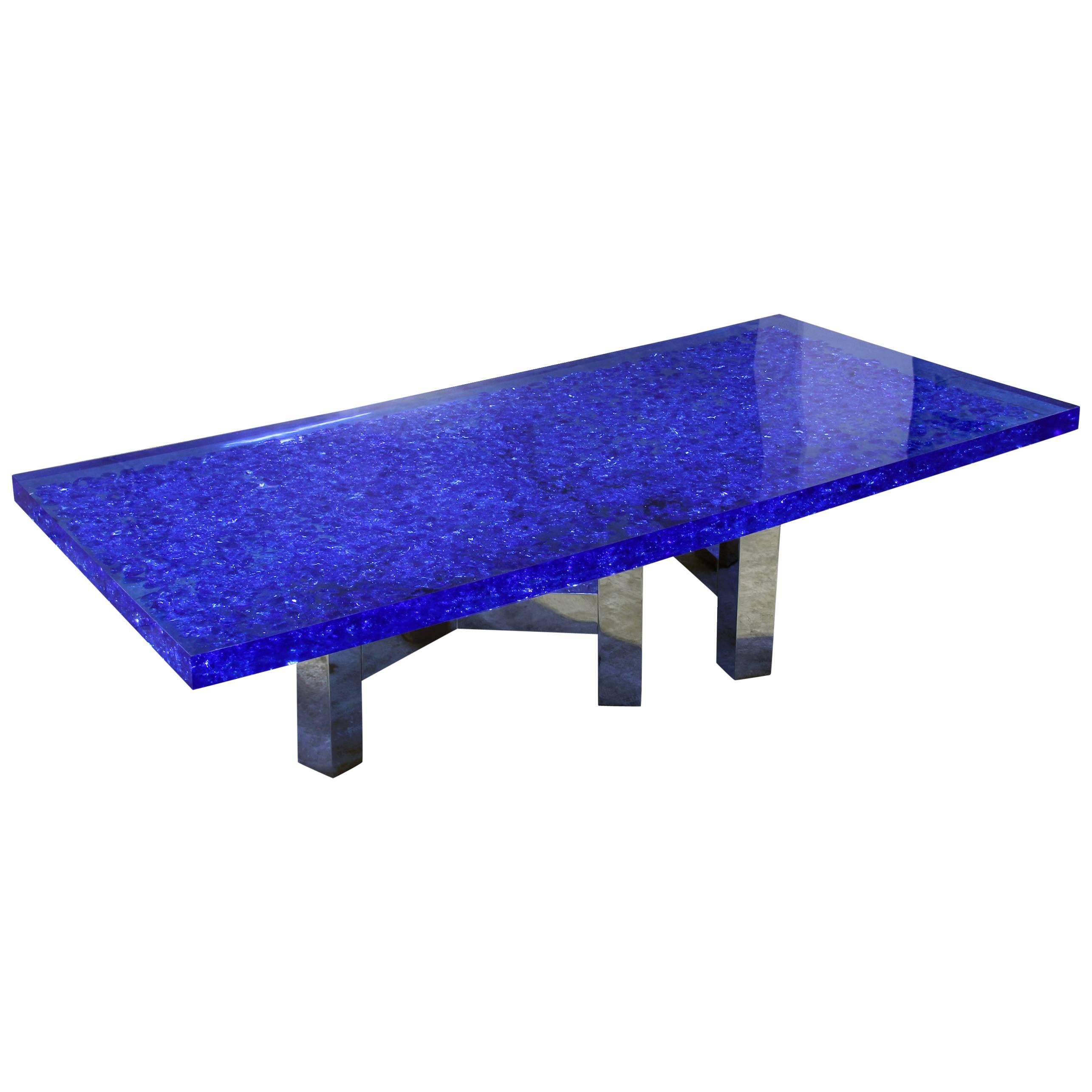 Blue Lucite and Murano Glass Table Nickel-Plated Brass Base "Riflessioni" For Sale