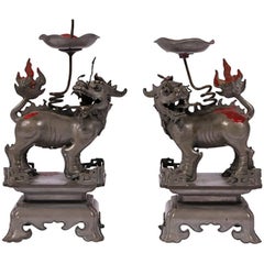 Vintage Pair of Chinese Lead Foo Dog Figural Candleholders