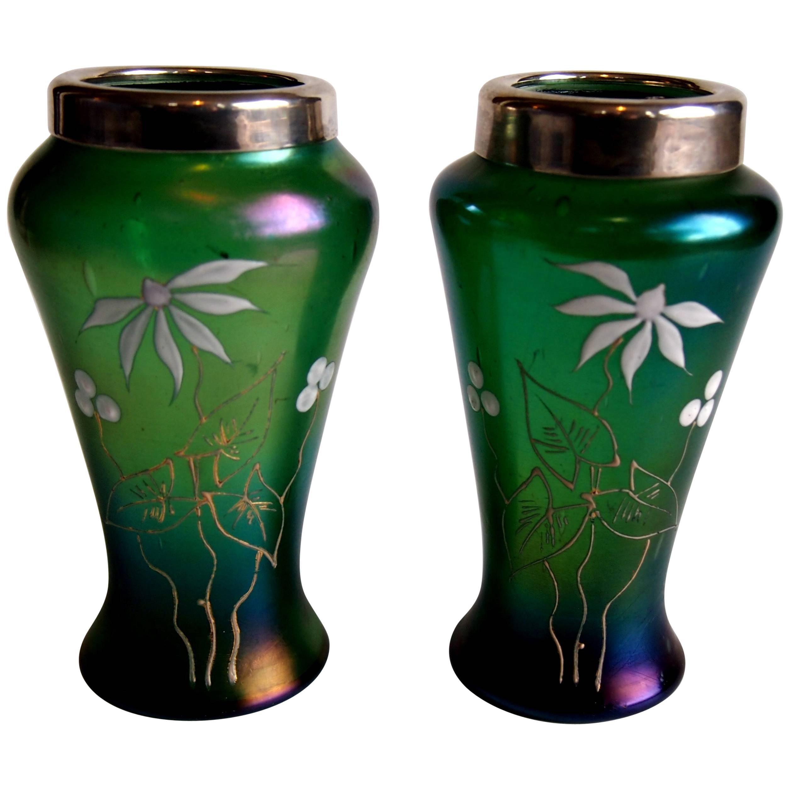 Pair of Bohemian Art Nouveau Kralik Silver Topped Enamelled Glass Vases For Sale