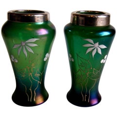 Pair of Bohemian Art Nouveau Kralik Silver Topped Enamelled Glass Vases