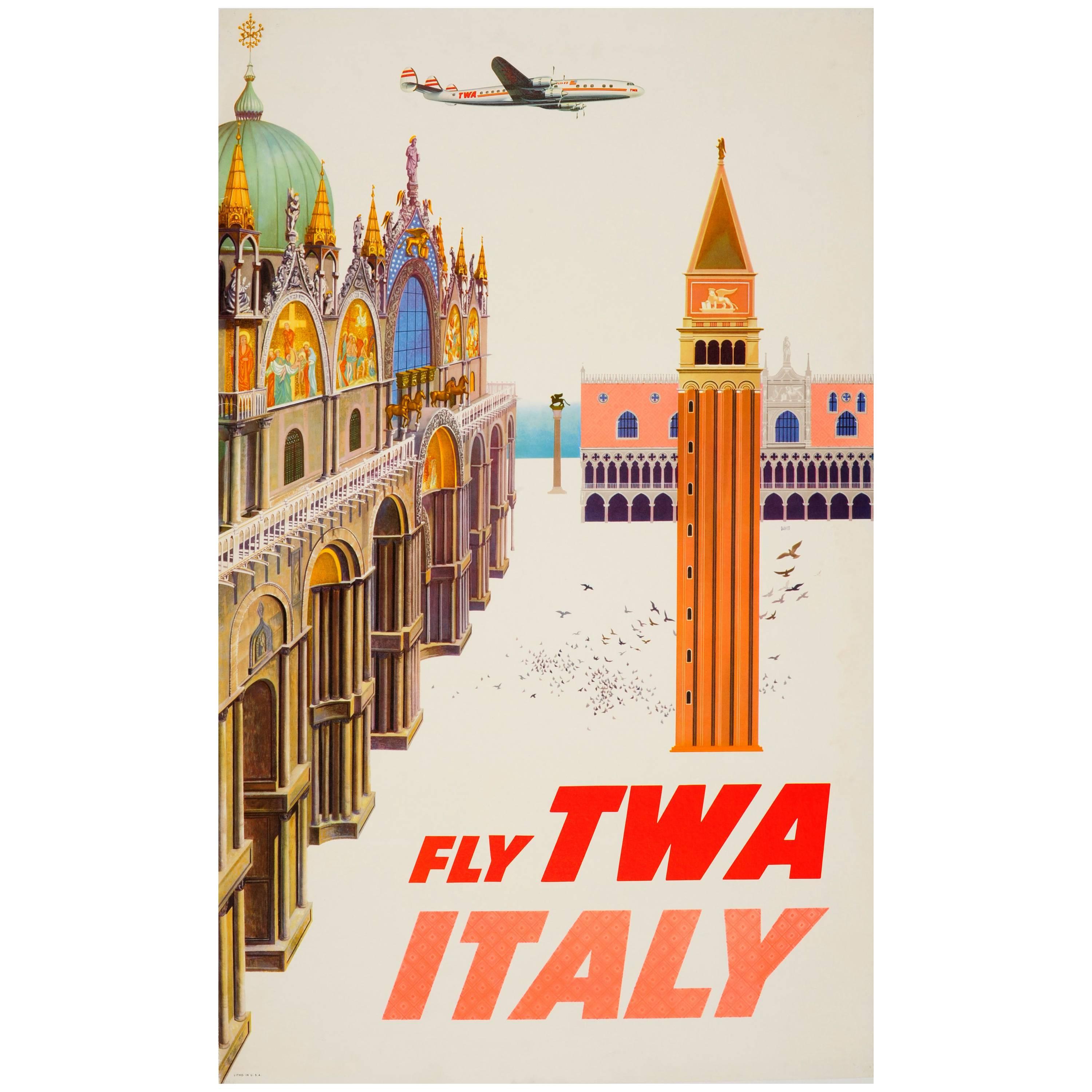 Original Vintage Travel Poster by David Klein - Fly TWA Italy - Featuring Venice