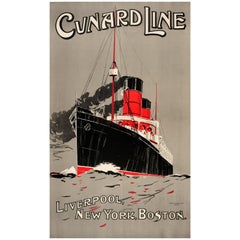 Original Antique Cruise Ship Travel Poster Cunard Line Liverpool New York Boston