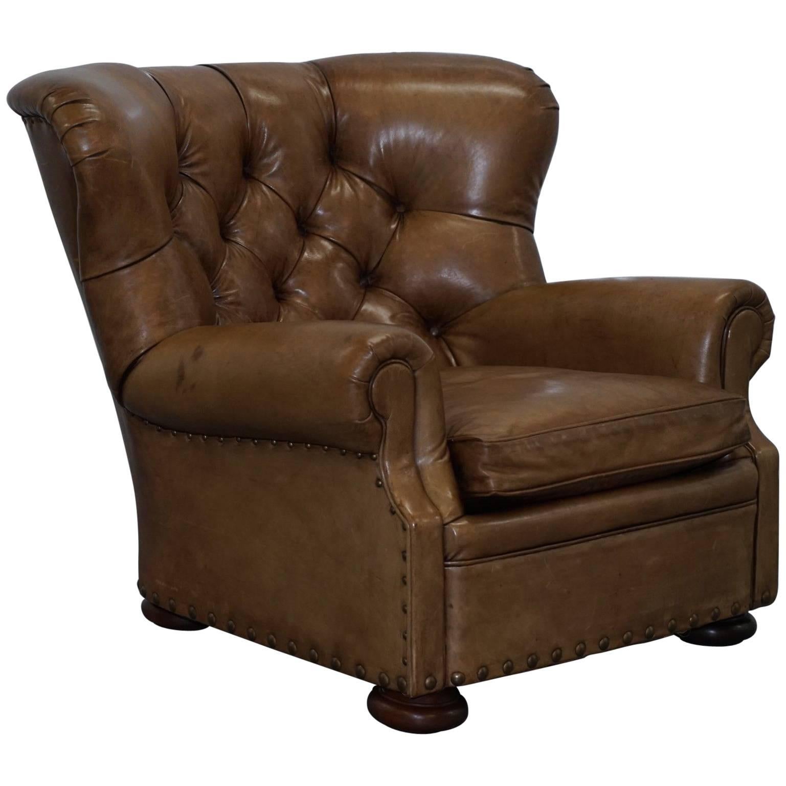 Original Ralph Lauren Writer's Aged Vintage Brown Heritage Leather Armchair