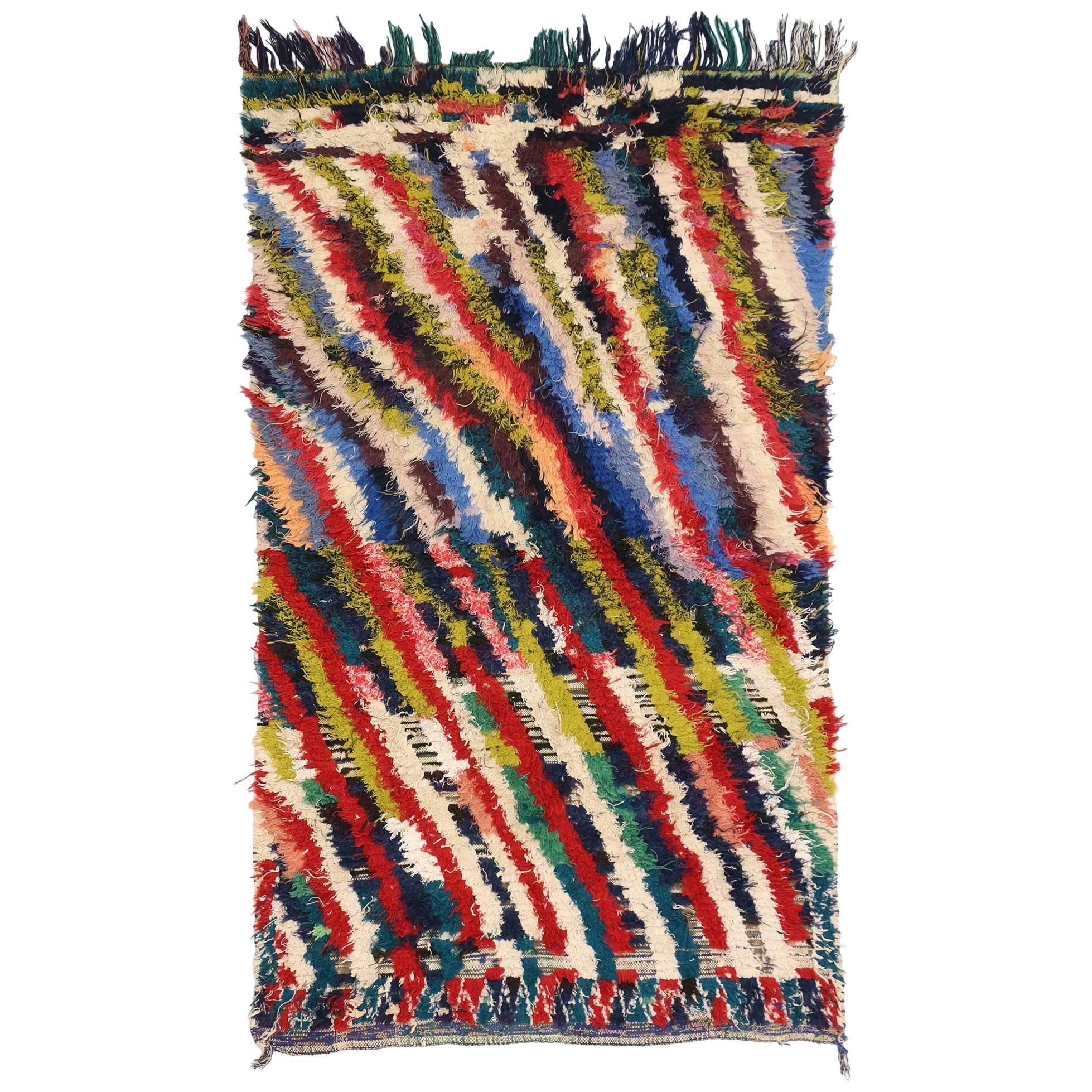 Colorful Abstract Vintage Moroccan Boucherouite Rug, Inspired by Bridget Riley