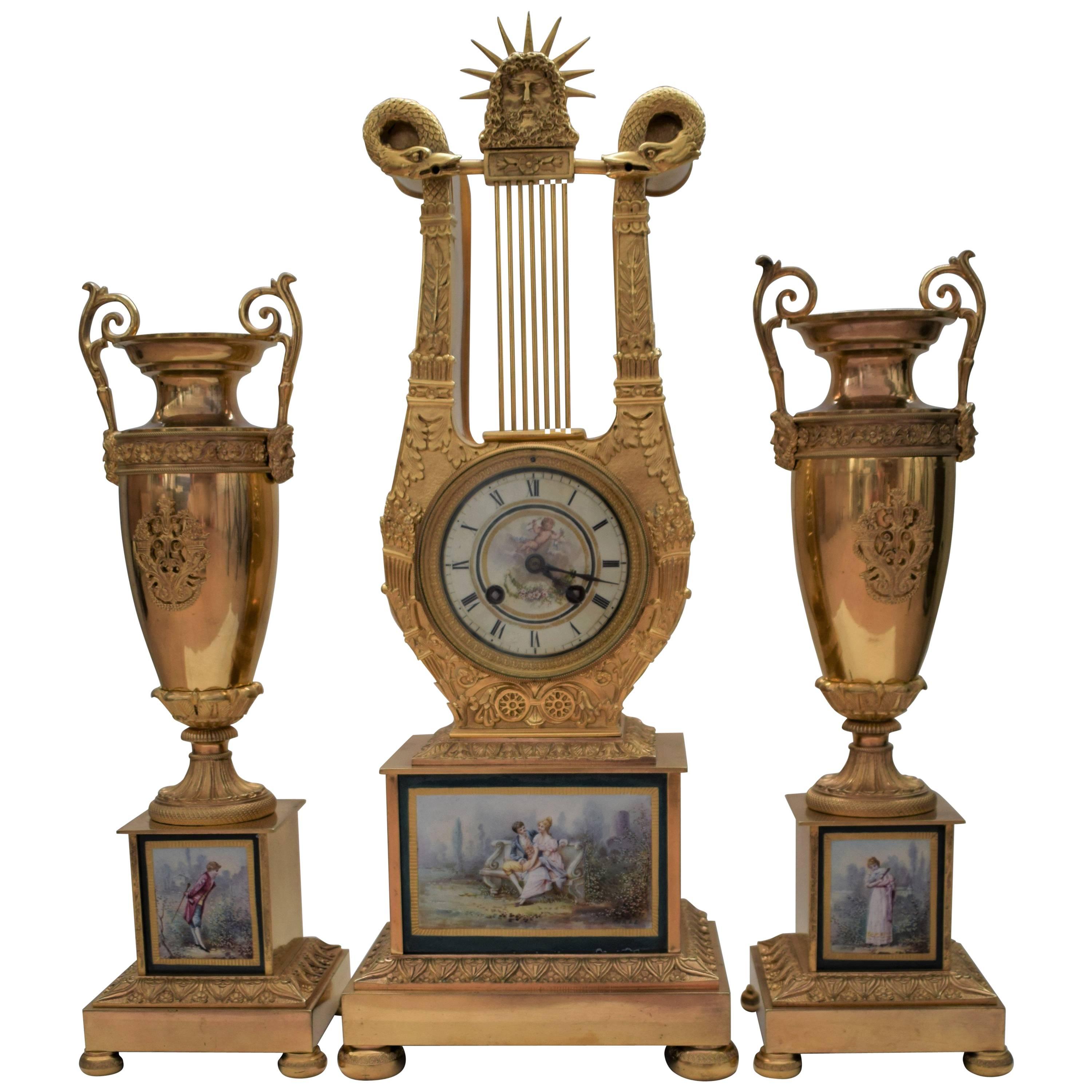 French Mantel Clock Set, Gilt Bronze and Sèvres Porcelain Panels, Empire Style