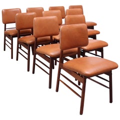 Set of Ten Walnut and Leather Dining Chairs by Greta Grossman