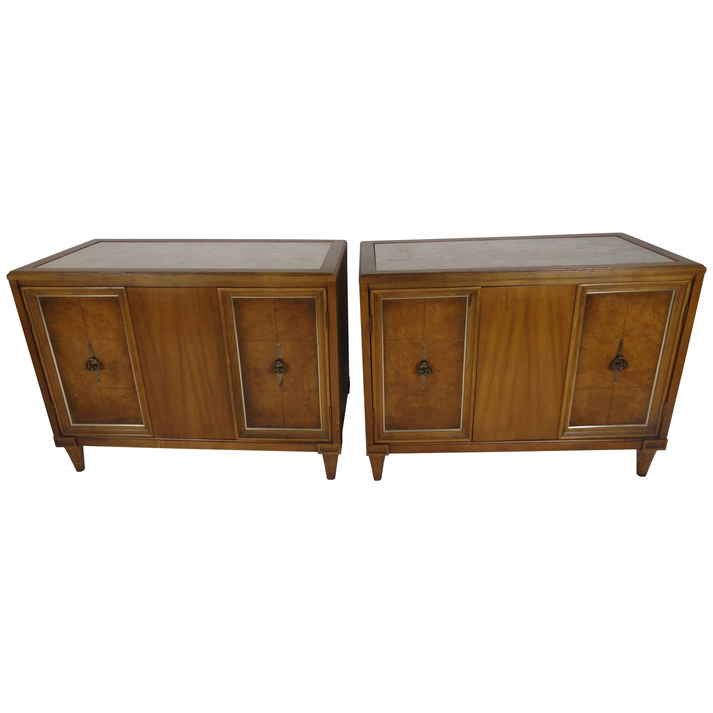 Pair of Midcentury Inlaid Marble and Fruitwood Tabled For Sale