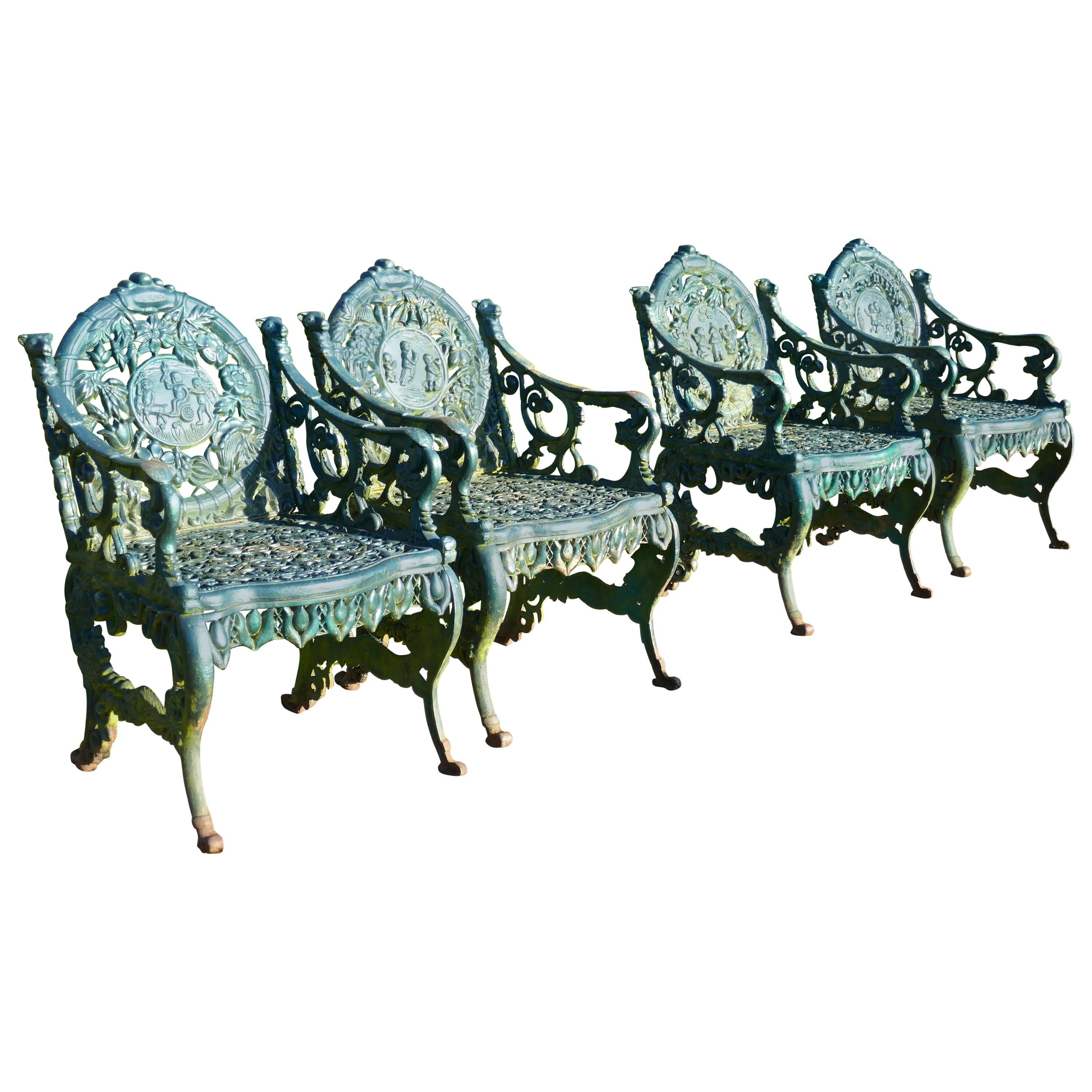 Set of Four Cast Iron Garden Armchairs, Four Seasons Plaques on the Backs