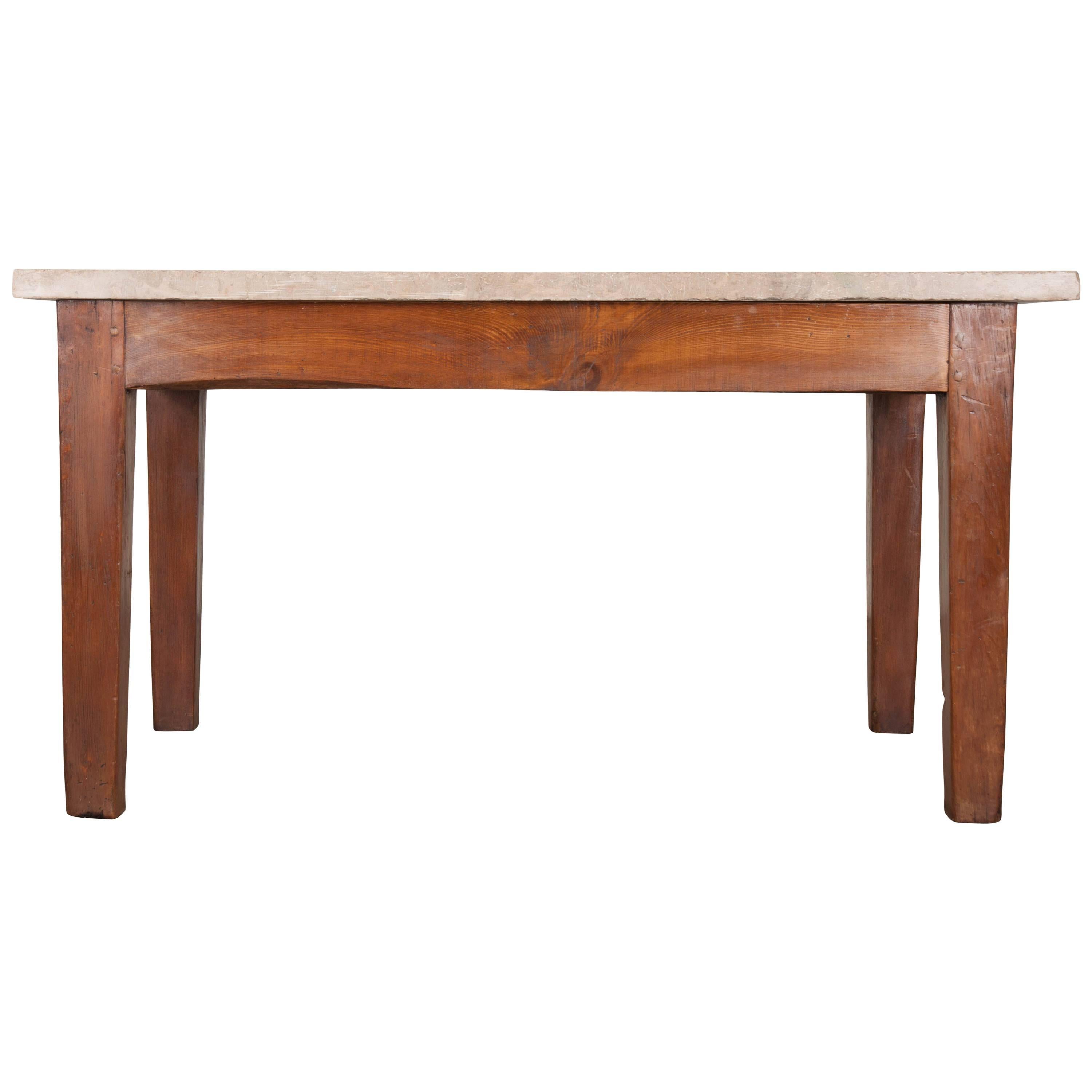 French 19th Century Pine Table with Thick Stone Top