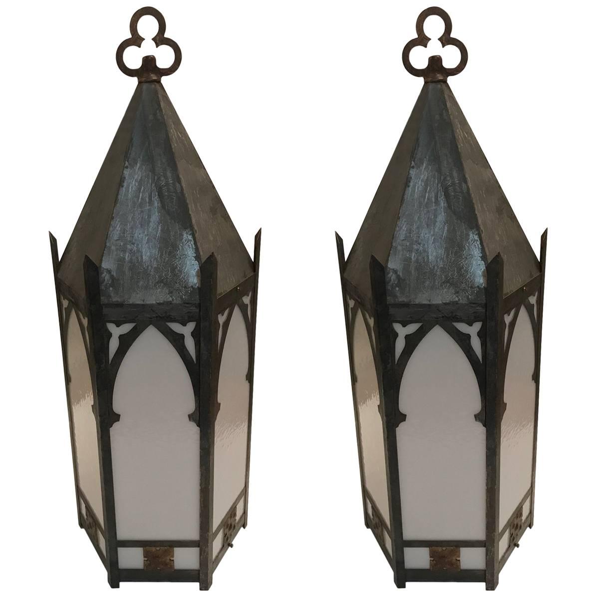Monumental Pair of Super Sized Galvanized Metal Lanterns