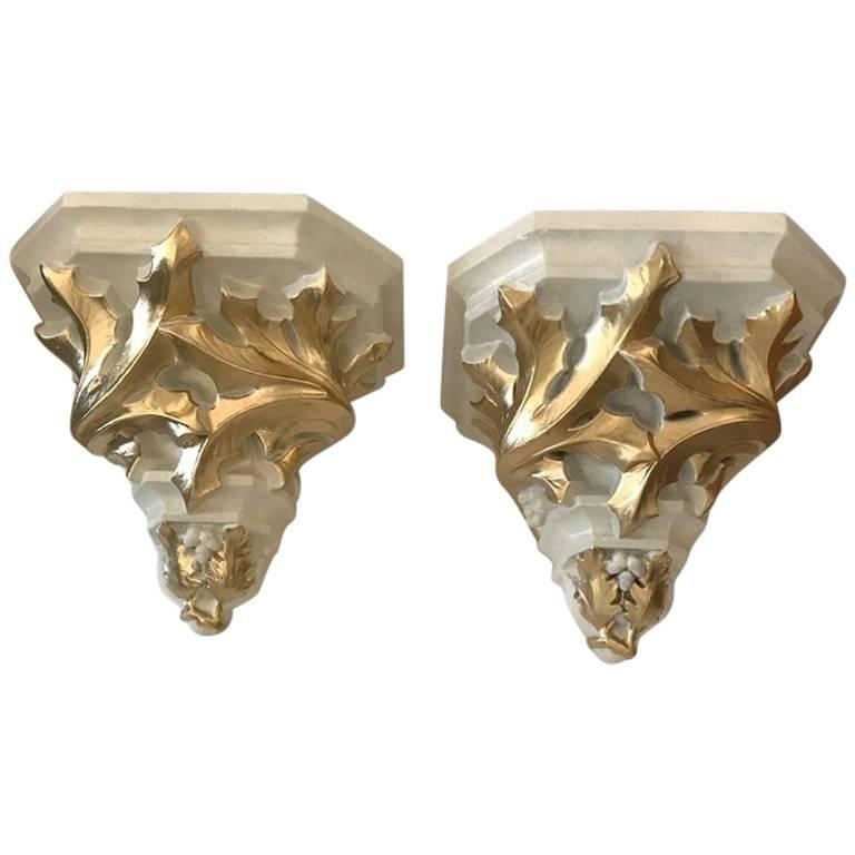 Pair of Dramatic Monumental French Cream and Gold Wall Brackets For Sale