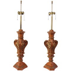 Vintage Pair of Oversized Hollywood Regency Carved and Gilded Table Lamps by Marbro