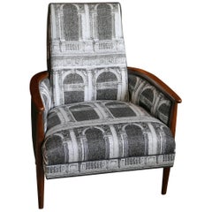 Adrian Pearsall Chair with Walnut Frame Upholstered in Signed Fornasetti Fabric