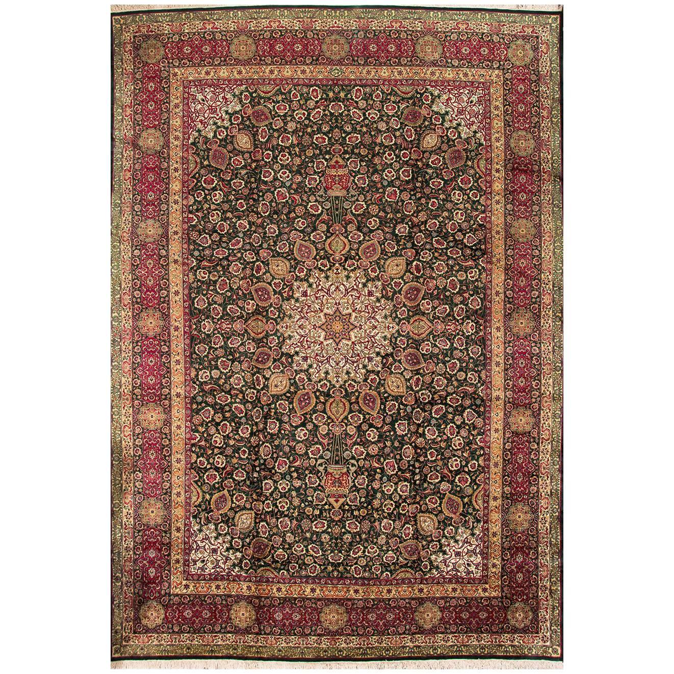 1970s Antique Tabriz Persian Rug with Circular Floral Motif in Green
