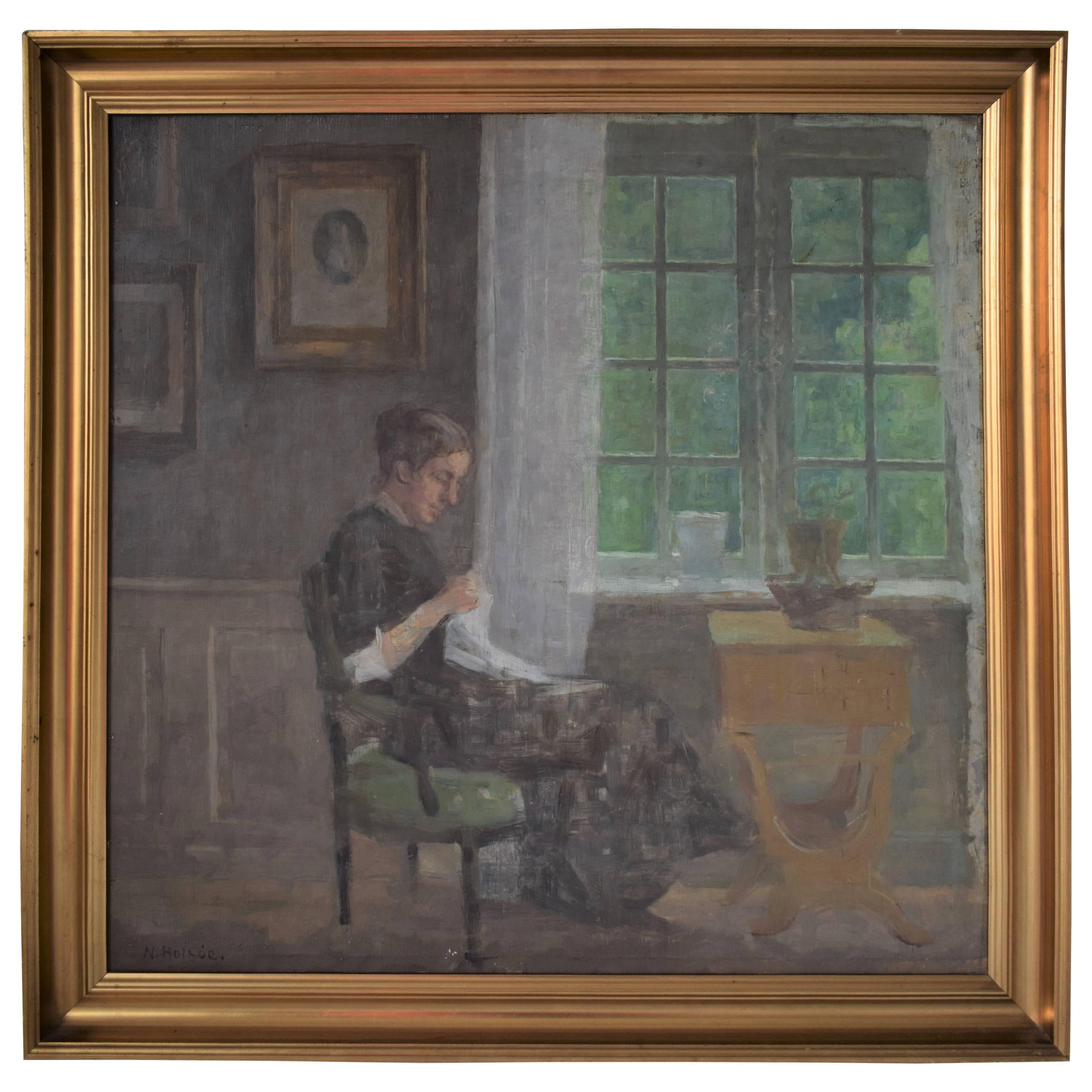 Interior with Sewing Woman by the Window, Niels Holsøe, circa 1920