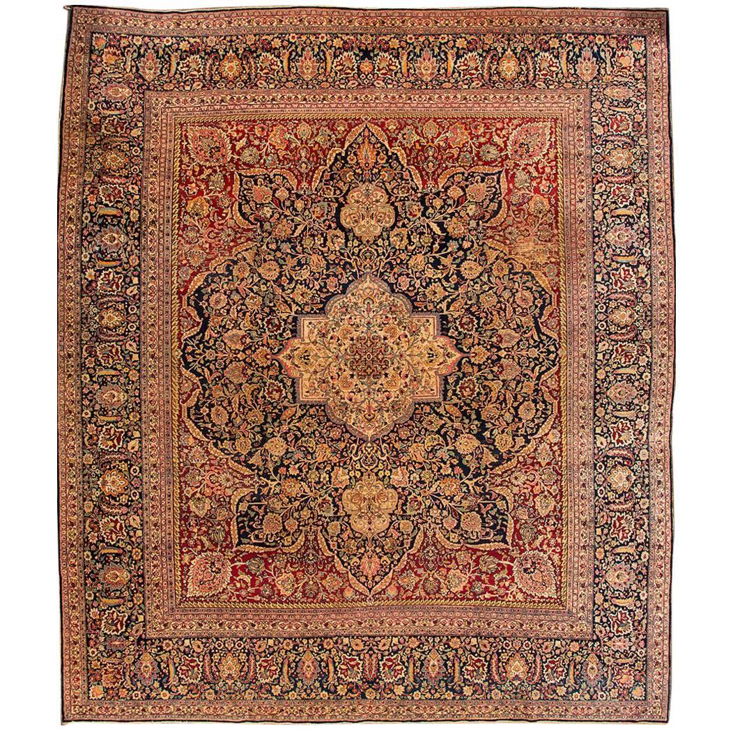 Antique Rust and Blue Persian Distress Floral Medallion Carpet