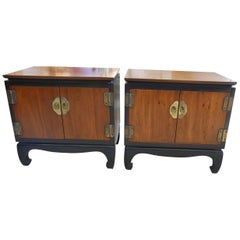 Midcentury Ming-foot Bedside Stands, Matching Pair of Walnut and Ebonized Wood