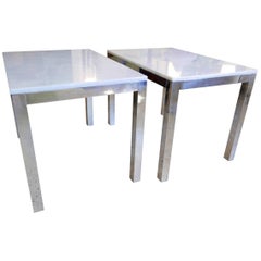 End Tables, Matching Pair, Milo Baughman Style, Chrome Frames, Marble Tops