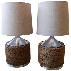 Table Lamps Pair of Cork Drum with Chrome Base and Top, circa 1970