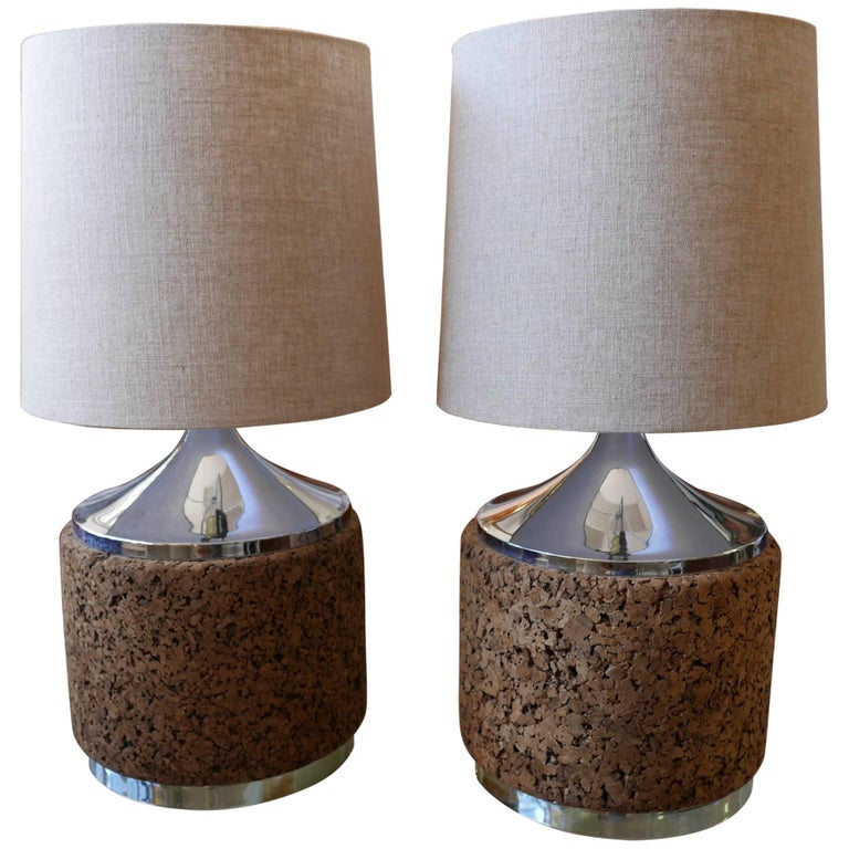Table Lamps Pair of Cork Drum with Chrome Base and Top, circa 1970 at