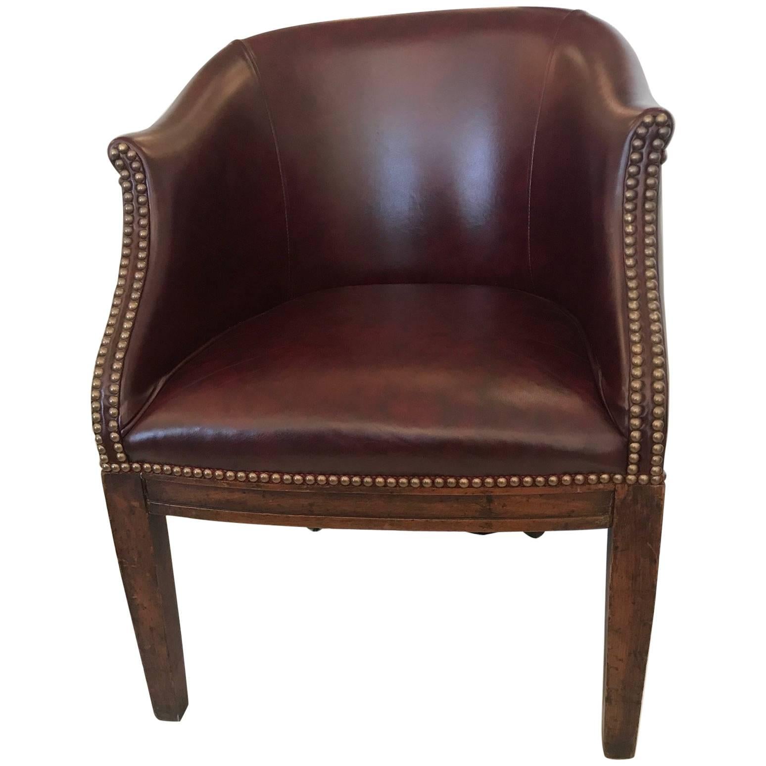 Masculine Antique English Barrel Back Leather Tub Chair