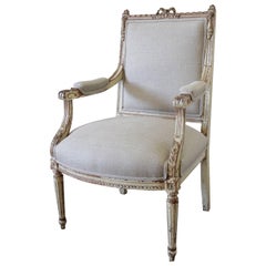 Antique 19th Century Original Painted Louis XVI Style Chair Upholstered in Irish Linen