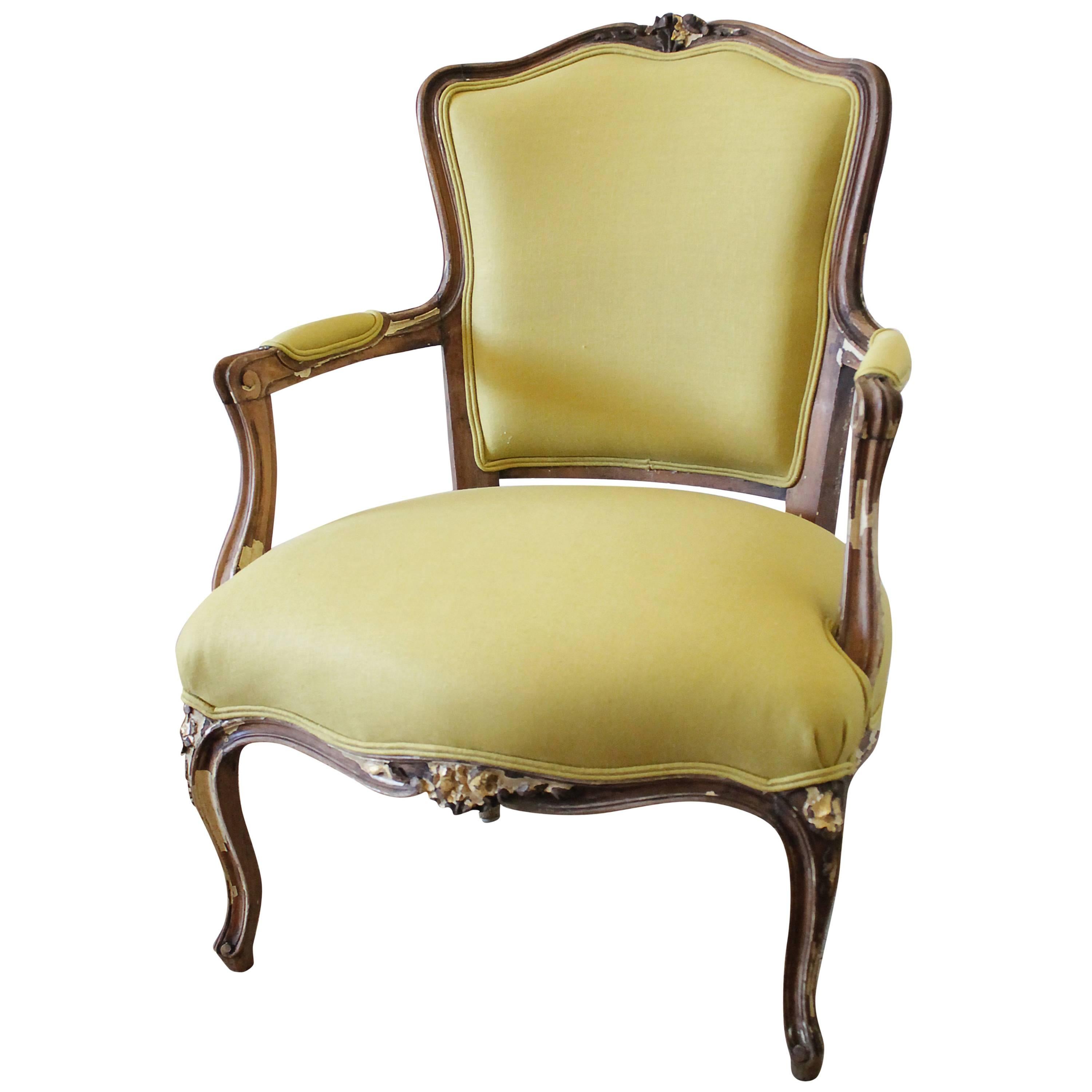 19th Century Louis XV Style Fauteuil in Chartreuse Linen