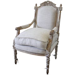 20th Century Louis XVI Style Carved Armchair Upholstered in a Irish Linen