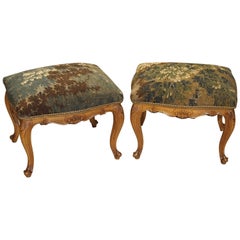Pair of Antique Venetian Walnut Wood Stools with French Aubusson Tapestry