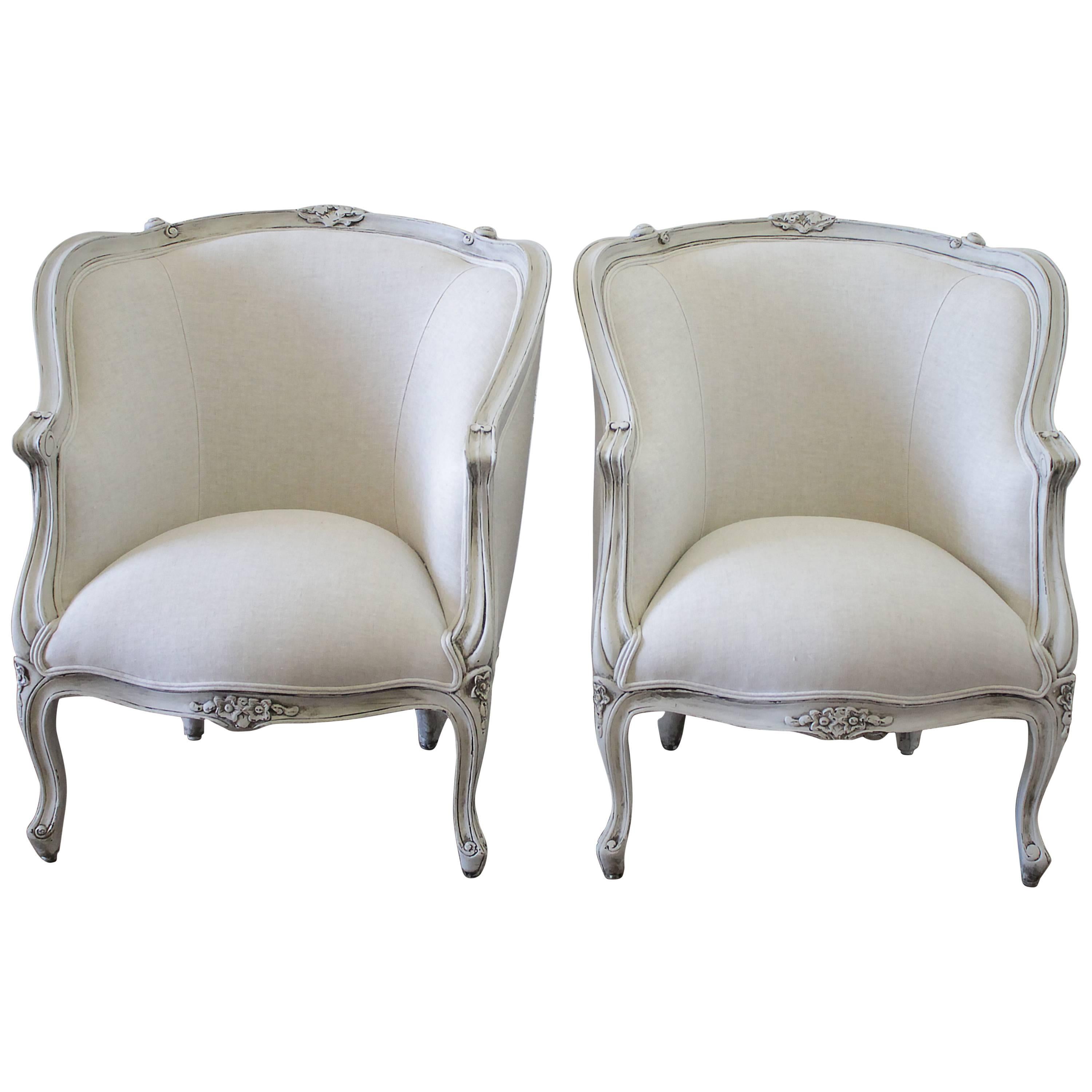 20th Century Painted and Upholstered Pair of Linen Bergere Chairs