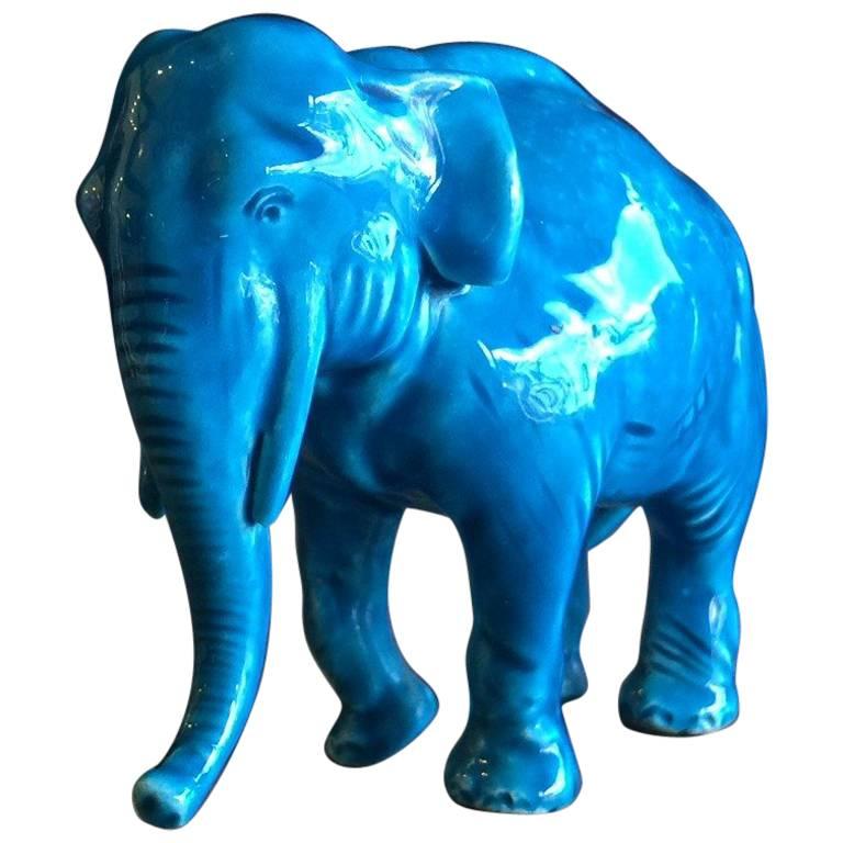 Vintage Blue Ceramic Elephant by Sevres of France