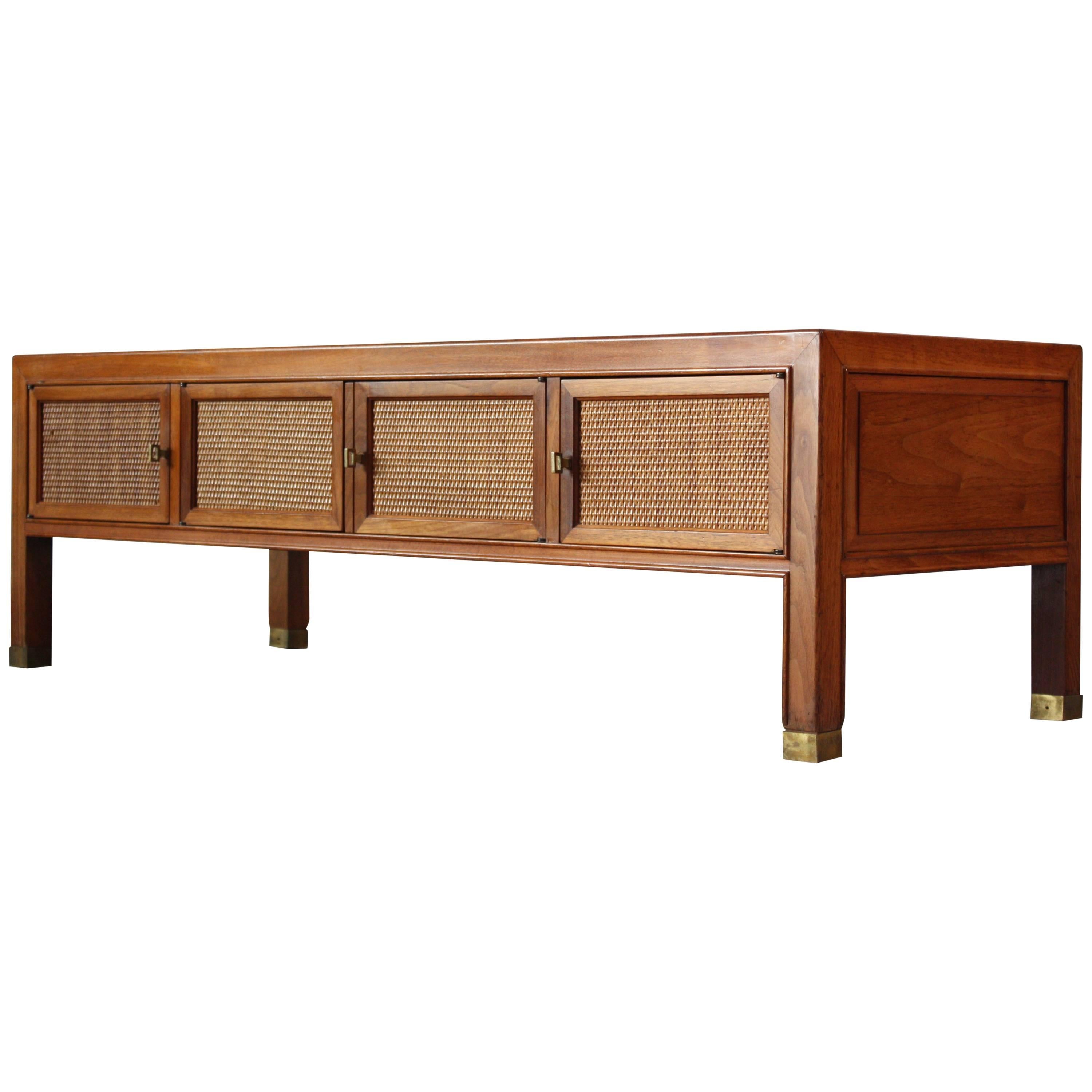 Drexel Walnut and Cane Coffee Table or Cabinet