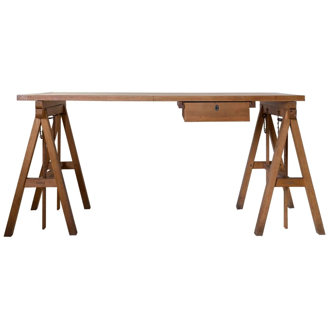 Vintage Oak Adjustable Drafting Work Table Desk with Sawhorse Base