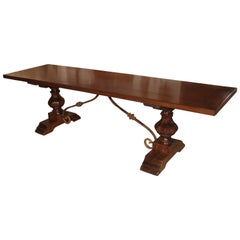 Italian Walnut Wood Dining Table with Iron Stretchers