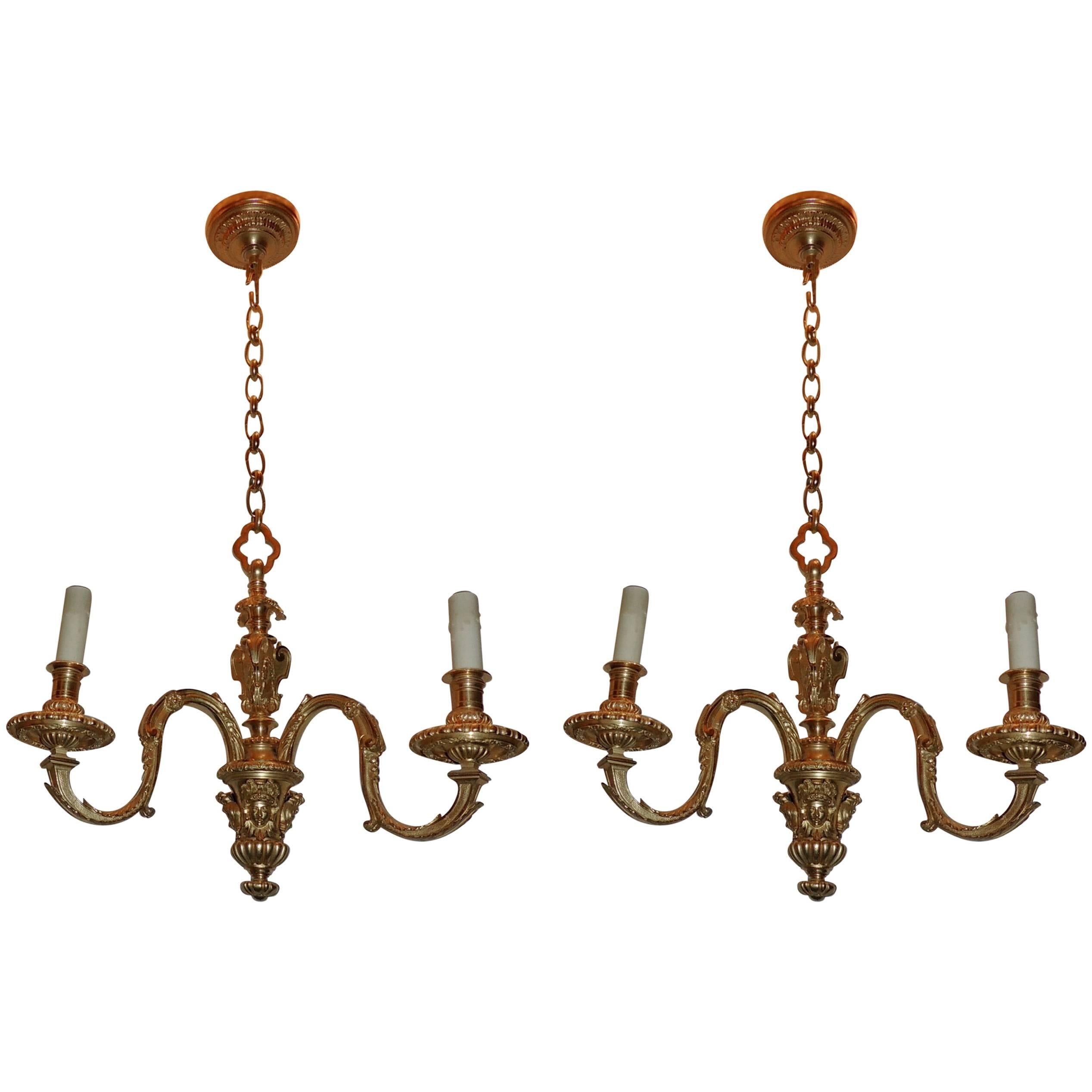 Pair of French Doré Bronze Petite Neoclassical Empire Pendent Chandelier