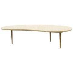 Biomorphic Coffee Table Made in Italy Travertine Top and Three Bronze Legs