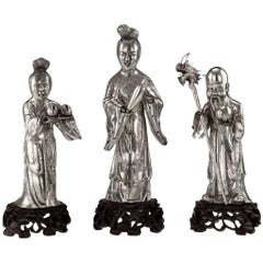 Antique Chinese Solid Silver Immortal Figures, Feng Xiang, circa 1880