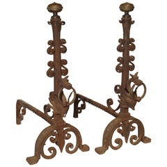Pair of Tall Antique Forged Andirons from Antwerp, Belgium, circa 1870