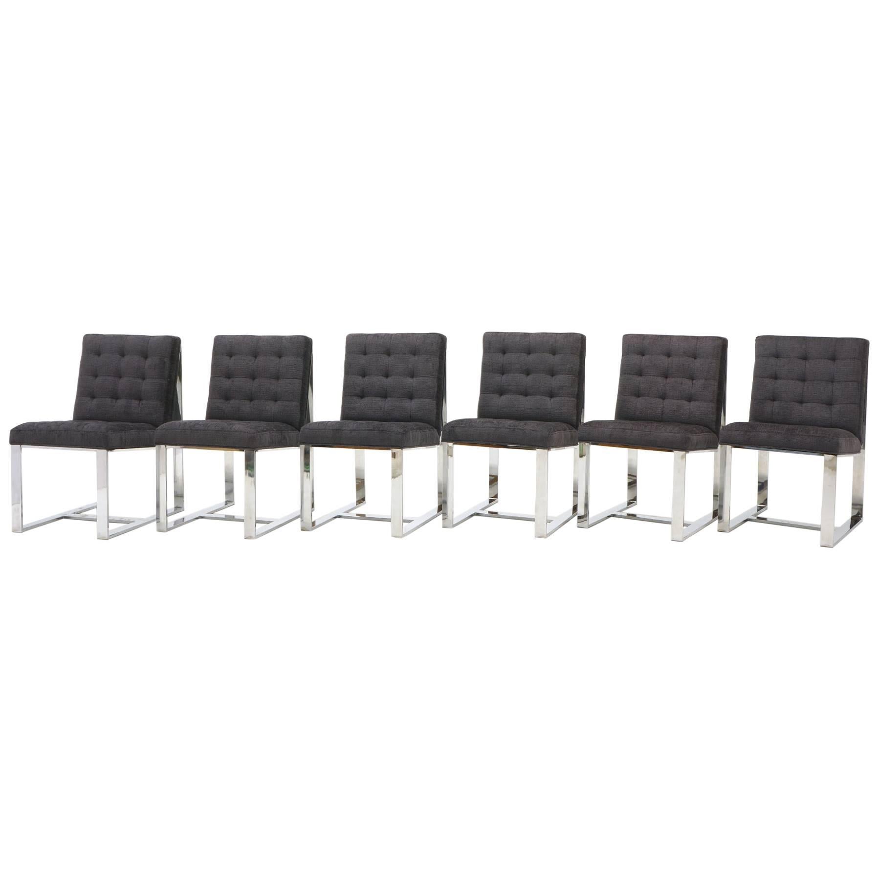 Set of Six Milo Baughman Dining Chairs, Chrome and Chaneille Fabric